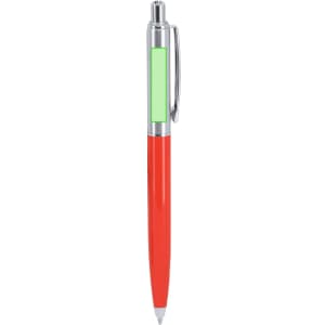A red and silver metal pen with a green accent and a clip, featuring a smooth writing tip.