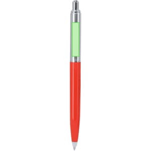 A red metal pen with a silver top and a green section, featuring a logo.