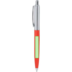 A red metal pen with a silver clip and a blank area for custom branding.