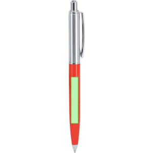 A metal pen with a shiny silver top and a bright red barrel featuring a green band. It has a clip for easy attachment.