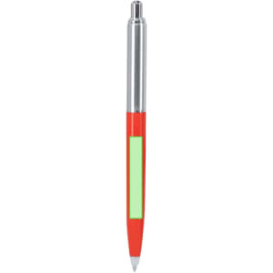 A metal pen in red and silver with a green accent and a logo on the barrel.