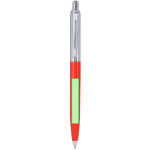 A metal pen with a bright red barrel, silver accents, and a green section. It features a logo.