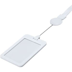 A white ID badge lanyard with a retractable reel and a clear badge holder.