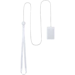 A white lanyard with a clear ID badge holder attached, featuring a round, smooth attachment point.