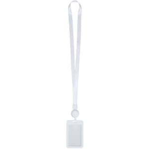 A white lanyard with a badge holder and a retractable clip, suitable for exhibitions and events.