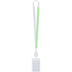 A white lanyard with a green accent, featuring a badge holder at the end.
