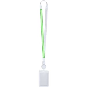 A lanyard with a white strap and a bright green accent, featuring a badge holder at the bottom.