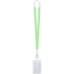 A lanyard with a bright green and white design, featuring a badge holder at the bottom. It includes a logo.