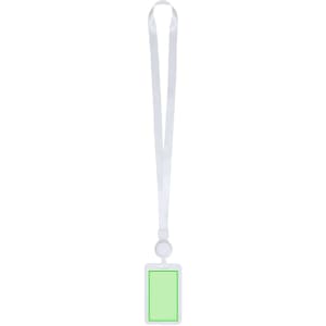 A green badge holder with a white lanyard and a reel attachment. Features a logo on the lanyard.