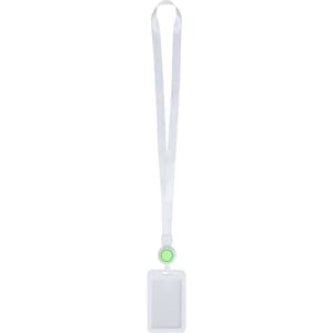 A white lanyard with a green attachment and an empty badge holder for ID display.