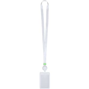 A white ID badge lanyard with a smooth, flat badge holder and a circular attachment at the top.
