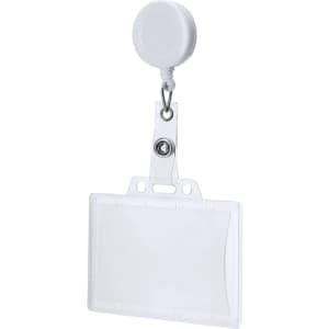 A white ID badge lanyard with a retractable reel and a clear badge holder for exhibitions and events.