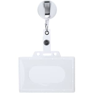 A clear ID badge lanyard with a retractable reel and metal clip, featuring a sleek silver finish.