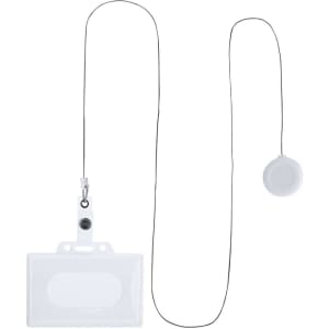 A white ID badge lanyard with a retractable reel and a clear badge holder.