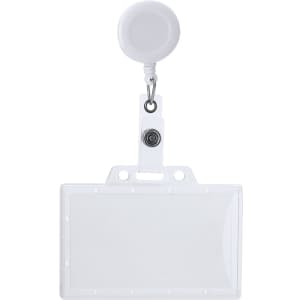 A white ID badge lanyard with a retractable reel and a clear badge holder.