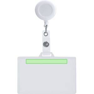 A white ID badge lanyard with a retractable reel and a clear plastic holder for badges.