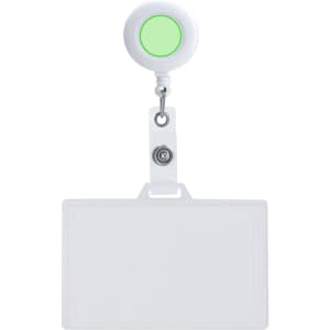A white ID badge lanyard with a green retractable reel and a transparent badge holder.