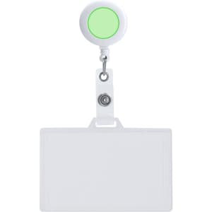 A white ID badge lanyard with a green retractable reel, featuring a clear holder for badges.