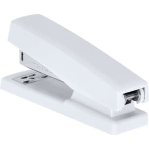 A white stapler with a sleek design and a logo, positioned on a flat surface.