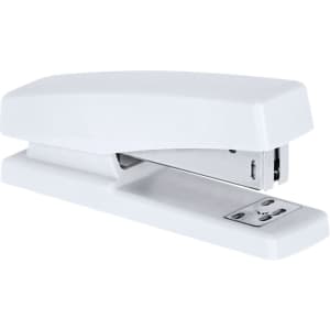 A white stapler with a sleek design and a metallic staple compartment. It features a logo on the side.