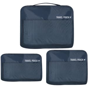 A navy blue organiser set featuring three mesh travel pouches with a logo on the front.