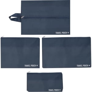 A navy blue organiser set featuring four pouches of varying sizes with a zip closure and branding.