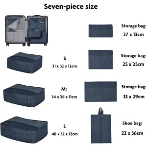 A navy blue seven-piece organiser set including various storage bags in different sizes and a shoe bag.