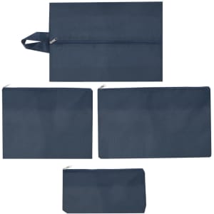 A navy organiser set featuring four bags of varying sizes, each with a zip closure and a handle on one.