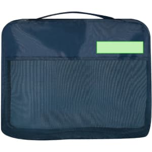 A navy organiser bag with a mesh front, featuring a green label area and a carrying handle.