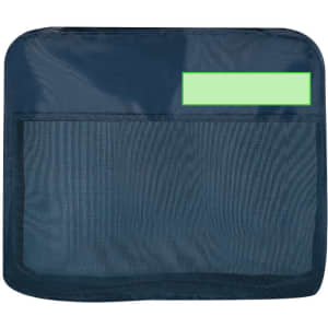 A navy mesh organiser bag featuring a transparent green label area. It has a simple, rectangular design.