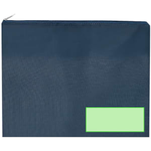 A navy organiser bag with a zip closure and a blank green label area for customisation.