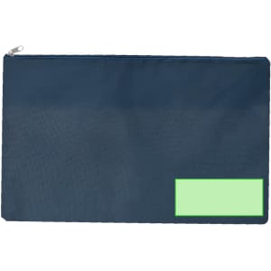 A navy organiser bag with a zip closure and a green label area for personalisation.
