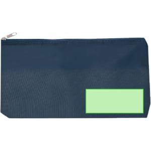 A navy zippered bag with a rectangular section for personalisation. It has a simple, sleek design.