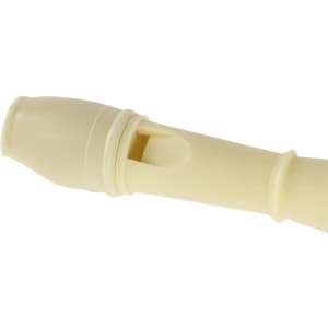A pale cream recorder with a rounded mouthpiece and finger holes, featuring a simple design.
