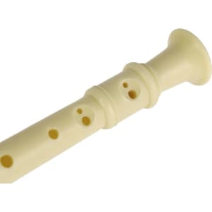 A light cream-coloured recorder with finger holes and a flared end, featuring a small logo.