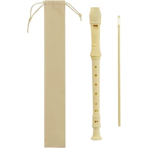 A beige recorder, accompanied by a beige storage bag and a cleaning rod. The recorder features an open hole design.