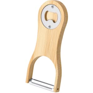 A drink bottle opener with a bamboo handle and metal bottle cap opener, featuring a peeler at the bottom.