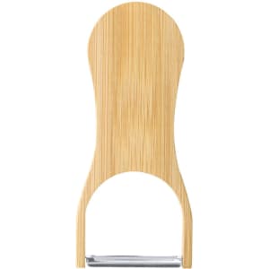 A drink bottle opener with a bamboo handle and a stainless steel blade, designed in a simple, ergonomic shape.