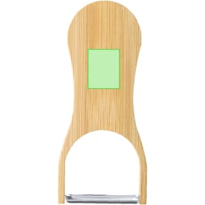 A drink bottle opener peeler made of bamboo and featuring a metal opening section, with a blank area for branding.