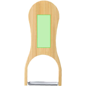 A drink bottle opener and peeler in a natural bamboo finish with a silver metal blade and a central logo area.