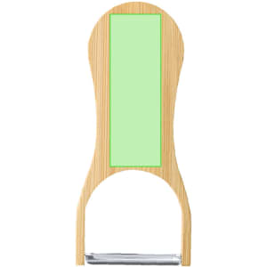 A bamboo bottle opener peeler with a green accent and a metal opening section. It features a logo on its surface.