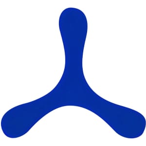 A blue Kybeck Frisbee with a unique three-pronged design, featuring a logo on the surface.