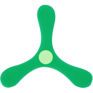 A green Frisbee with a unique three-pronged design, featuring a circular centre. It has a smooth texture and is lightweight.