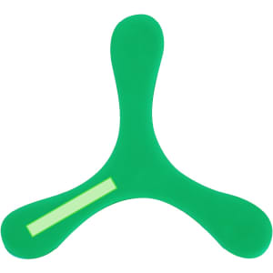 A green Kybeck Frisbee with a unique three-pronged design and reflective strip. It features a logo on its surface.