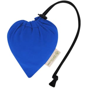 A blue foldable bag in a heart shape, secured with a black drawstring and featuring a tag for recycled material.