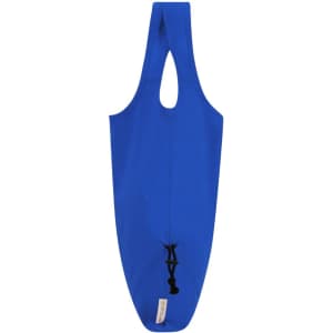 A blue tote bag with a unique handle design and a small logo detail at the bottom.