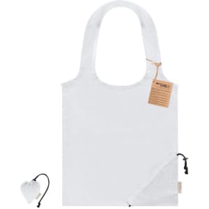A white foldable tote bag with a matching compact pouch and a logo.