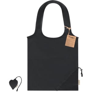 A black foldable tote bag with a heart-shaped pouch for storage. The bag features a simple design and a logo.