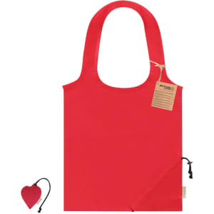 A foldable tote bag in bright red with a matching carrying pouch. It features a logo on the bag.