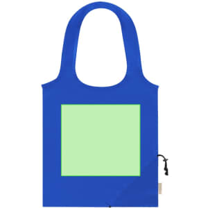 A blue foldable tote bag featuring a green square area and a branding logo on the side.